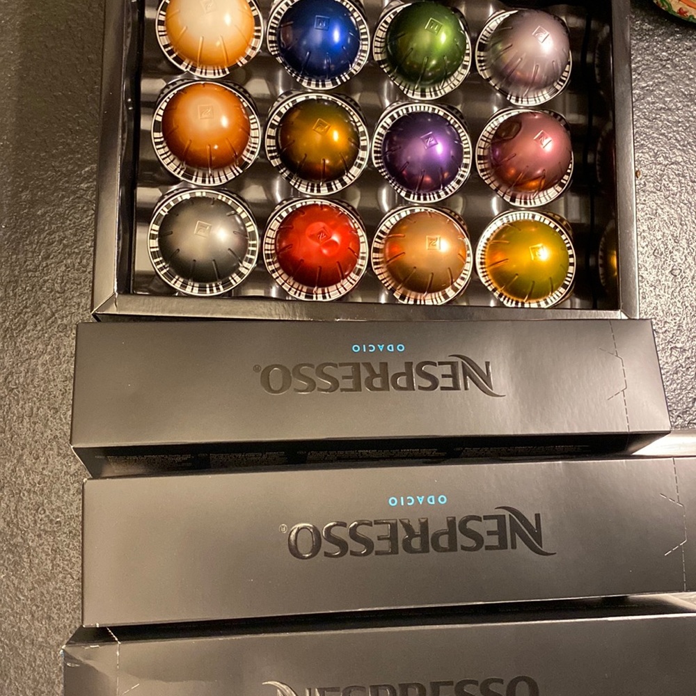 4 containers of nepresso pods. Three 10 count Odacio and One 12 count variety.